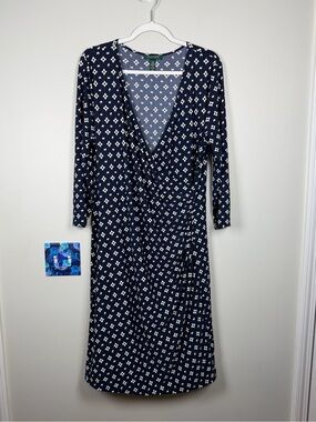 Lauren Ralph Lauren Jersey Knit Navy Blue White Ruched Midi Faux Wrap Dress 1X